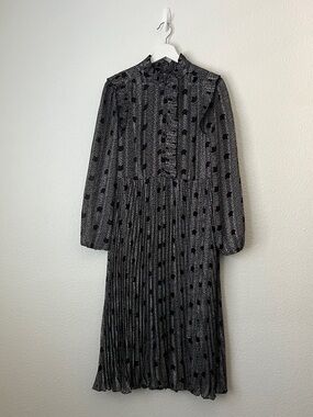 Ba&sh Pleated Midi Dress L Black White Metallic Print Ruffle Neck Long Sleeve